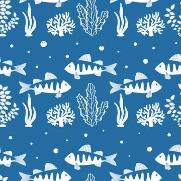 Vector seamless pattern on a blue background. Fish and algae in cartoon style Illustrazione stock