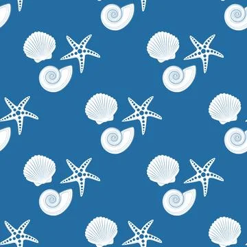 Vector seamless pattern on a blue background. Seashells and a starfish in the Stock Illustration