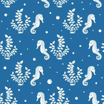 Vector seamless pattern on a blue background. Seahorse and seaweed in carto.. Stock Illustration