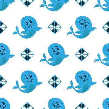Vector seamless pattern with blue cute whales on dwhite background for kids.  Stock Illustration