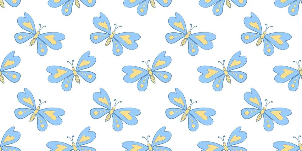 Vector seamless pattern of blue cute butterflies in flat style. Cute cartoon  Stock Illustration