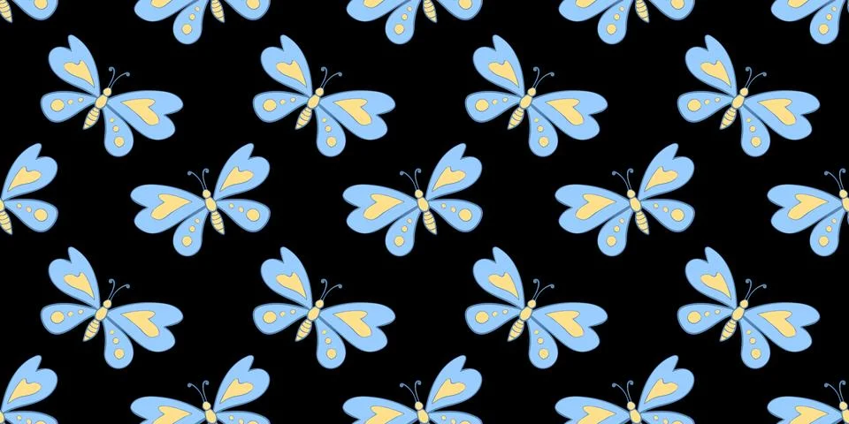 Vector seamless pattern of blue cute butterflies in flat style. Cute cartoon  Stock Illustration