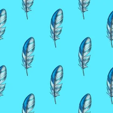 Vector seamless pattern with blue detailed bird feathers on a turquoise  Stock Illustration