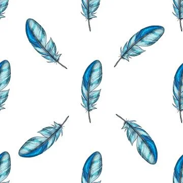 Vector seamless pattern with blue detailed bird feathers Stock Illustration