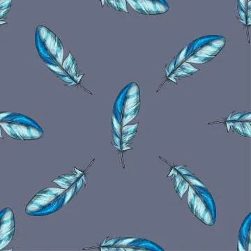 Vector seamless pattern with blue detailed bird feathers on a gray background Stock Illustration