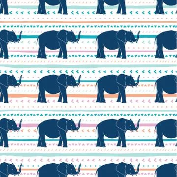 Vector seamless pattern with blue elephants hand drawn stripes and triangles Illustrazione stock