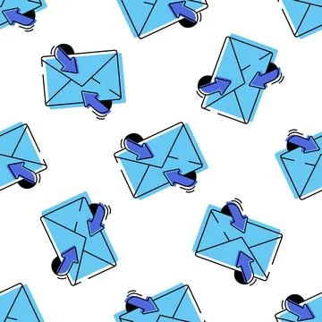 Vector seamless pattern with blue email envelopes and arrows. Stock Illustration