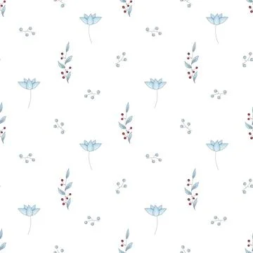 Vector seamless pattern from blue flowers and red berries. Digital paper Stock Illustration