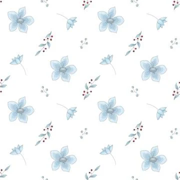 Vector seamless pattern from blue flowers and red berries. Digital paper Stock Illustration