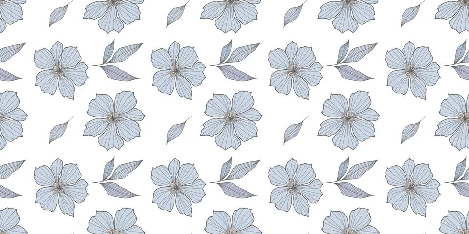 Vector seamless pattern with blue flowers, leaves and branches Stock Illustration