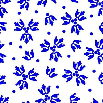 Vector seamless pattern of blue hand-drawn circles and leaves isolated on a w Stock Illustration