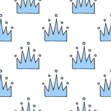 Vector seamless pattern with blue hand drawn crown on white background Stock Illustration
