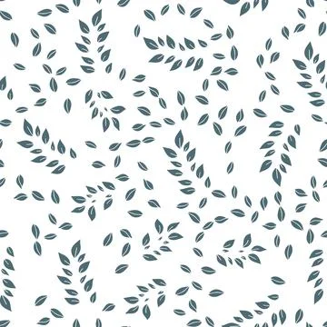 Vector seamless pattern with blue hand drawn branch and leaves on white backg Stock Illustration