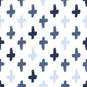 Vector seamless pattern with blue hand drawn crosses or plus on white backgro Stock Illustration