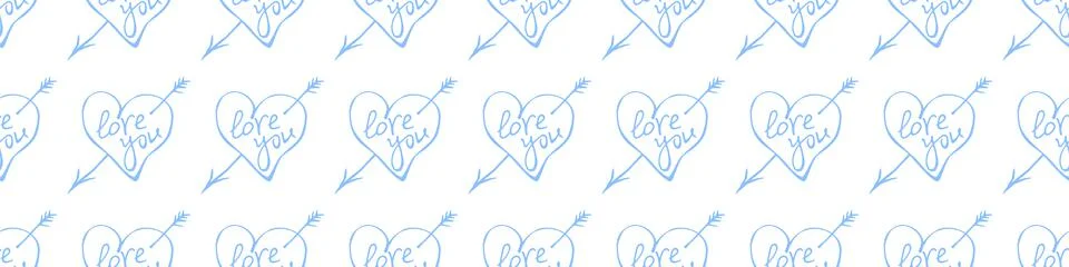 Vector seamless pattern of blue hearts with an arrow and lettering love. Hand Stock Illustration