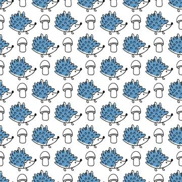 Vector seamless pattern with blue hedgehogs and mushroom on white background. Stock Illustration