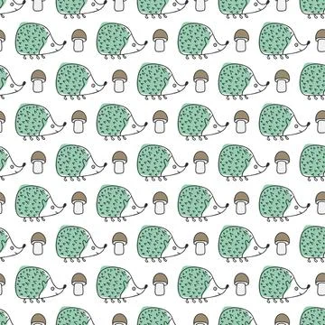Vector seamless pattern with blue hedgehogs and mushroom on white background. Stock Illustration