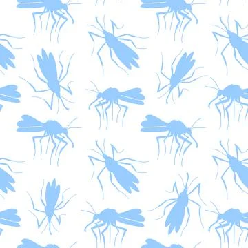 Vector seamless pattern of blue mosquitoes, moths, midges in flat style. Simp Illustrazione stock