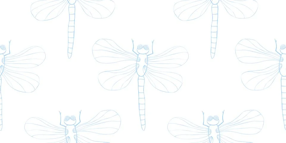 Vector seamless pattern of blue outline cute dragonflies in Doodle style. Lig Stockillustratie