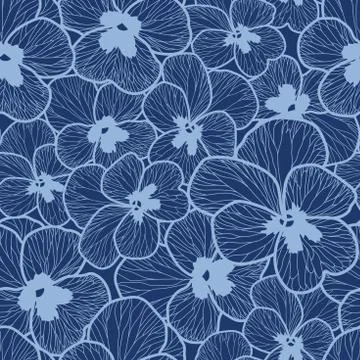 Vector seamless pattern with blue pansy on a blue background. Stock Illustration