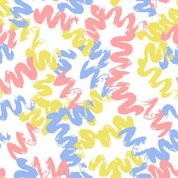 Vector seamless pattern with blue, pink and yellow vwave brush stroke on whit 스톡 일러스트