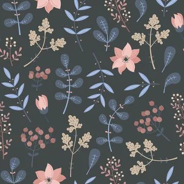 Vector seamless pattern with blue plants and flowers in blue colors. Stock-Illustration