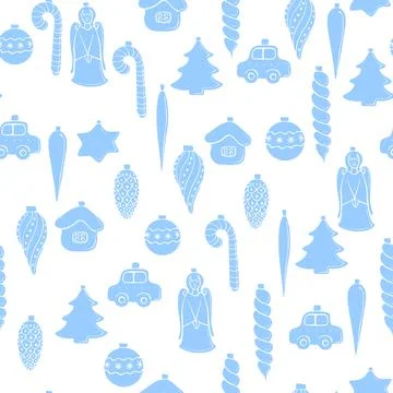 Vector seamless pattern with blue silhouettes glass toys, decorations for xma Stock Illustration