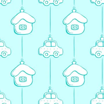 Vector seamless pattern with blue silhouettes glass toys, decorations in form Stock Illustration