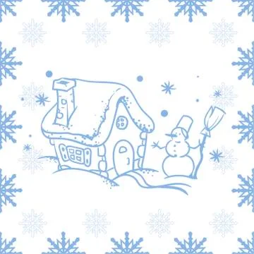 Vector seamless pattern with blue snowflakes, winter house and snowman.  Stock Illustration