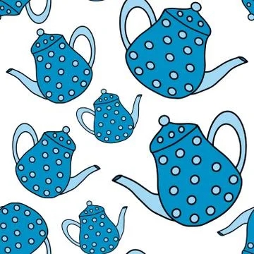 Vector seamless pattern of blue teapots in the style of doodles. Kitchen Stock Illustration