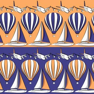 Vector seamless pattern with boat, airplane and air balloon. Stock Illustration