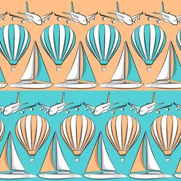 Vector seamless pattern with boat, airplane and air balloon. Stock Illustration