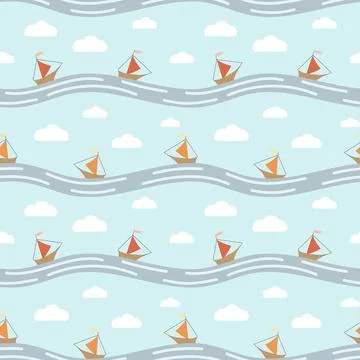 Vector seamless pattern. Boats on the waves. イラスト素材