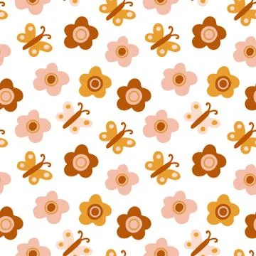 Vector seamless pattern with boho colors butterflies and flowers on white. Stock Illustration