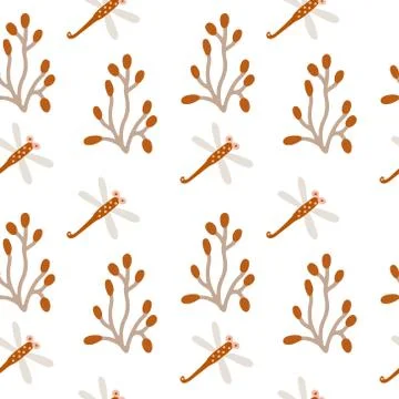 Vector seamless pattern with boho colors dragonflies and  sprigs on white. Illustrazione stock