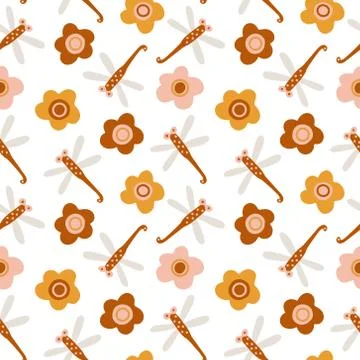 Vector seamless pattern with boho colors dragonflies and flowers on white. 스톡 일러스트
