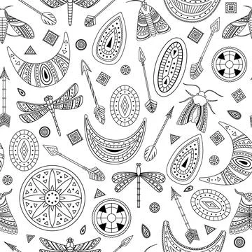 Vector seamless pattern with boho illustrations. Bohemian background. 스톡 일러스트