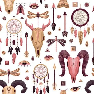 Vector seamless pattern with boho illustrations. Bohemian background in the f 스톡 일러스트