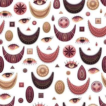 Vector seamless pattern with boho illustrations. Bohemian background in the f 스톡 일러스트