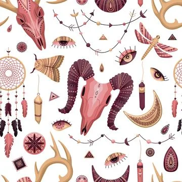 Vector seamless pattern with boho illustrations. Bohemian background in the f 스톡 일러스트