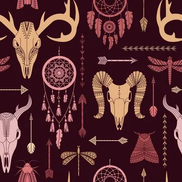 Vector seamless pattern with boho illustrations. Bohemian background Illustrazione stock