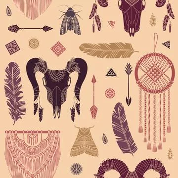 Vector seamless pattern with boho illustrations. Bohemian background in the s 스톡 일러스트