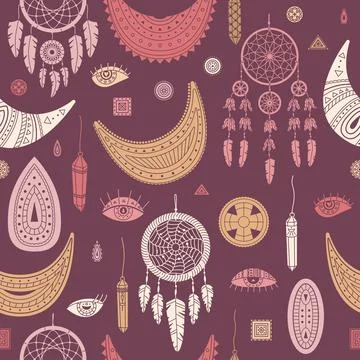 Vector seamless pattern with boho illustrations. Bohemian background Stock Illustration