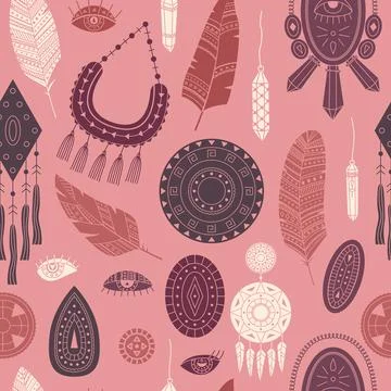 Vector seamless pattern with boho illustrations. Bohemian background 스톡 일러스트