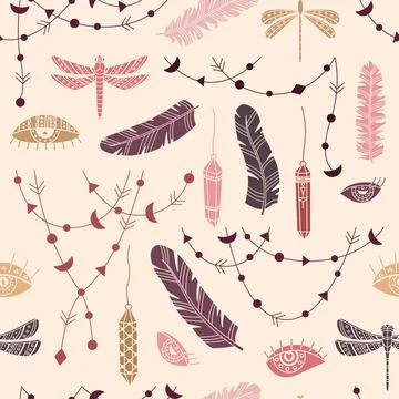 Vector seamless pattern with boho illustrations. Bohemian background in the s 스톡 일러스트