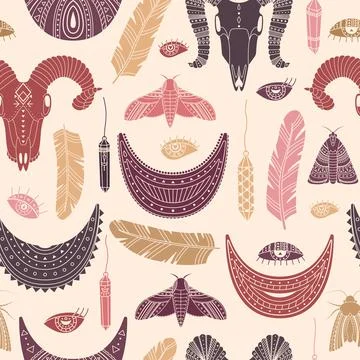Vector seamless pattern with boho illustrations. Bohemian background Stock Illustration