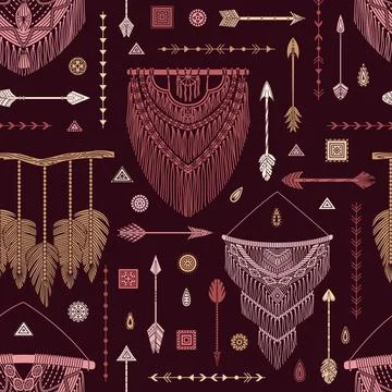 Vector seamless pattern with boho illustrations. Bohemian background in the s Stock Illustration