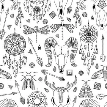 Vector seamless pattern with boho illustrations. Bohemian background. Line ar 스톡 일러스트