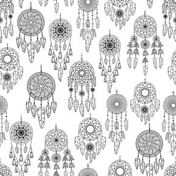 Vector seamless pattern with boho illustrations. Bohemian background. Line ar 스톡 일러스트
