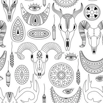 Vector seamless pattern with boho illustrations. Bohemian background. Line ar 스톡 일러스트
